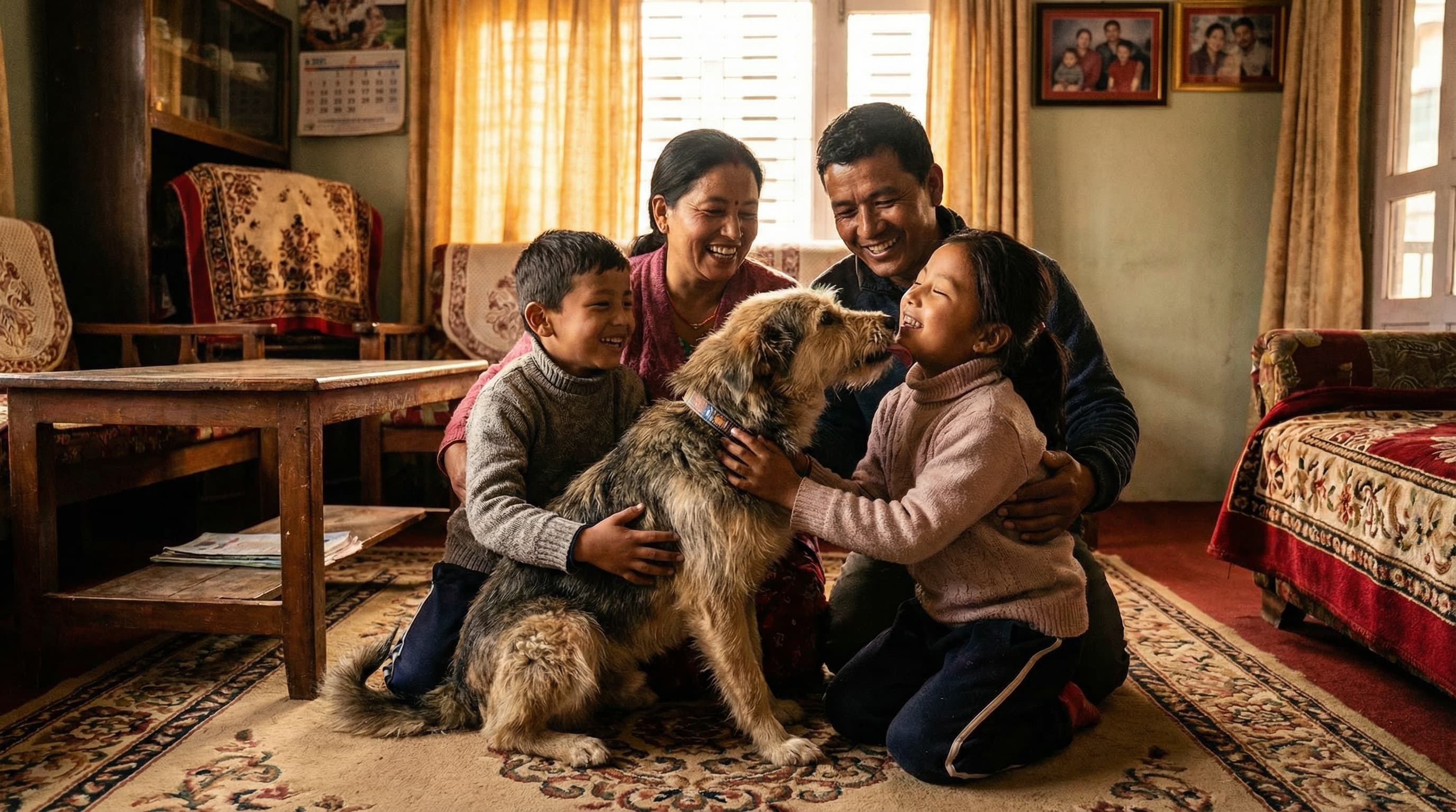 Happy family with adopted dog